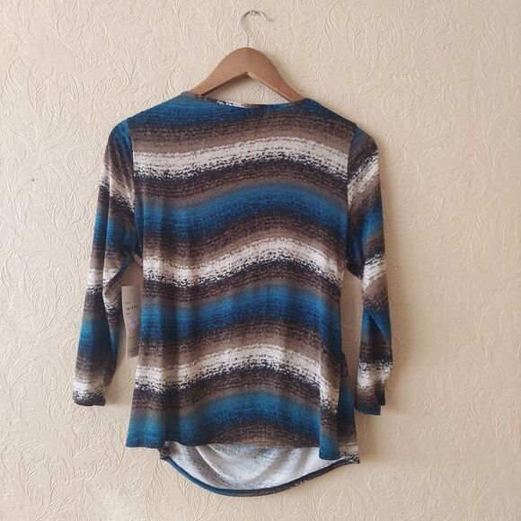 Saloos Blue Brown Drape Neck 3/4 Sleeves Stretch Polyester Blouse NEW Sz Medium - Picture 4 of 8